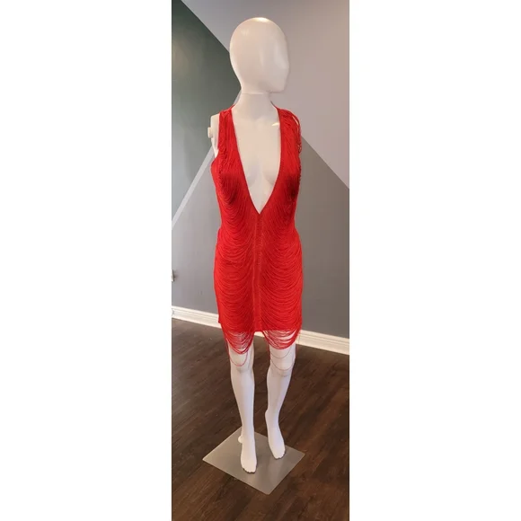 red tassel dress pretty little thing Red bodycon tassel dress